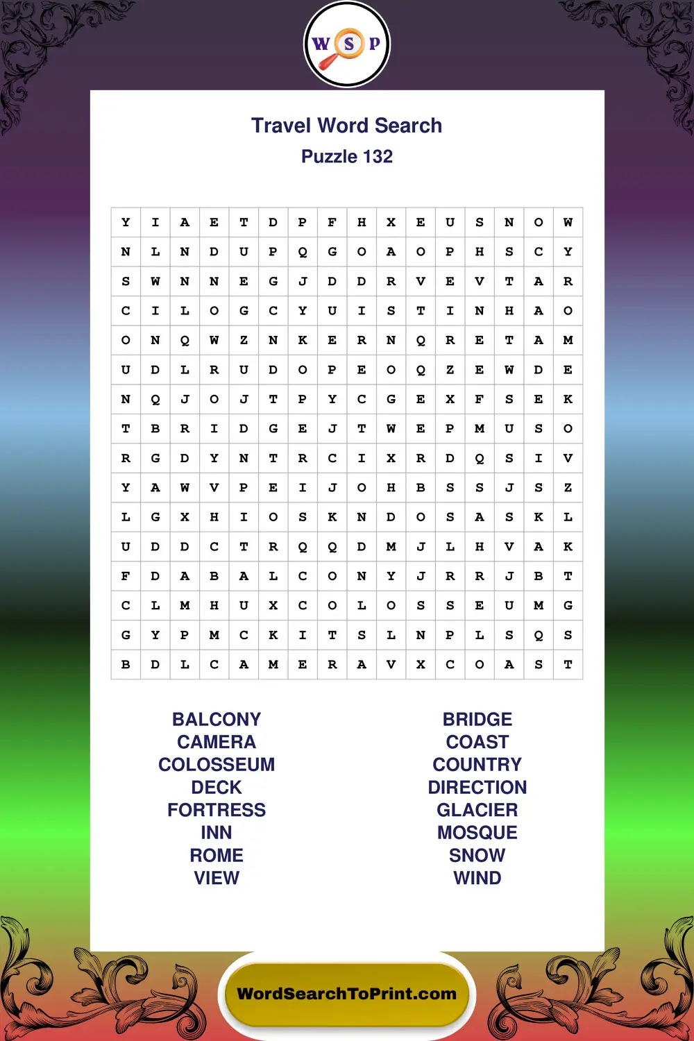 Travel Word Search Puzzle 132