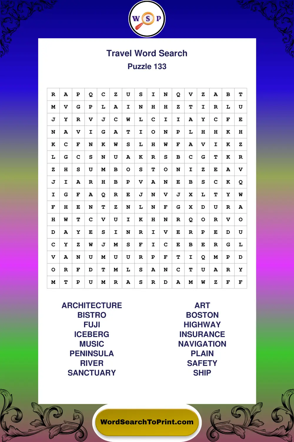 Travel Word Search Puzzle 133