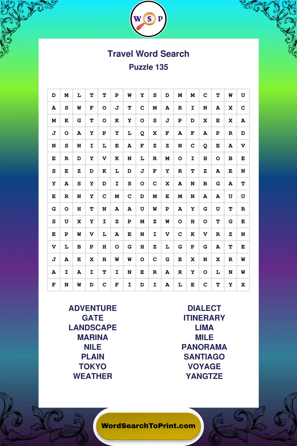Travel Word Search Puzzle 135