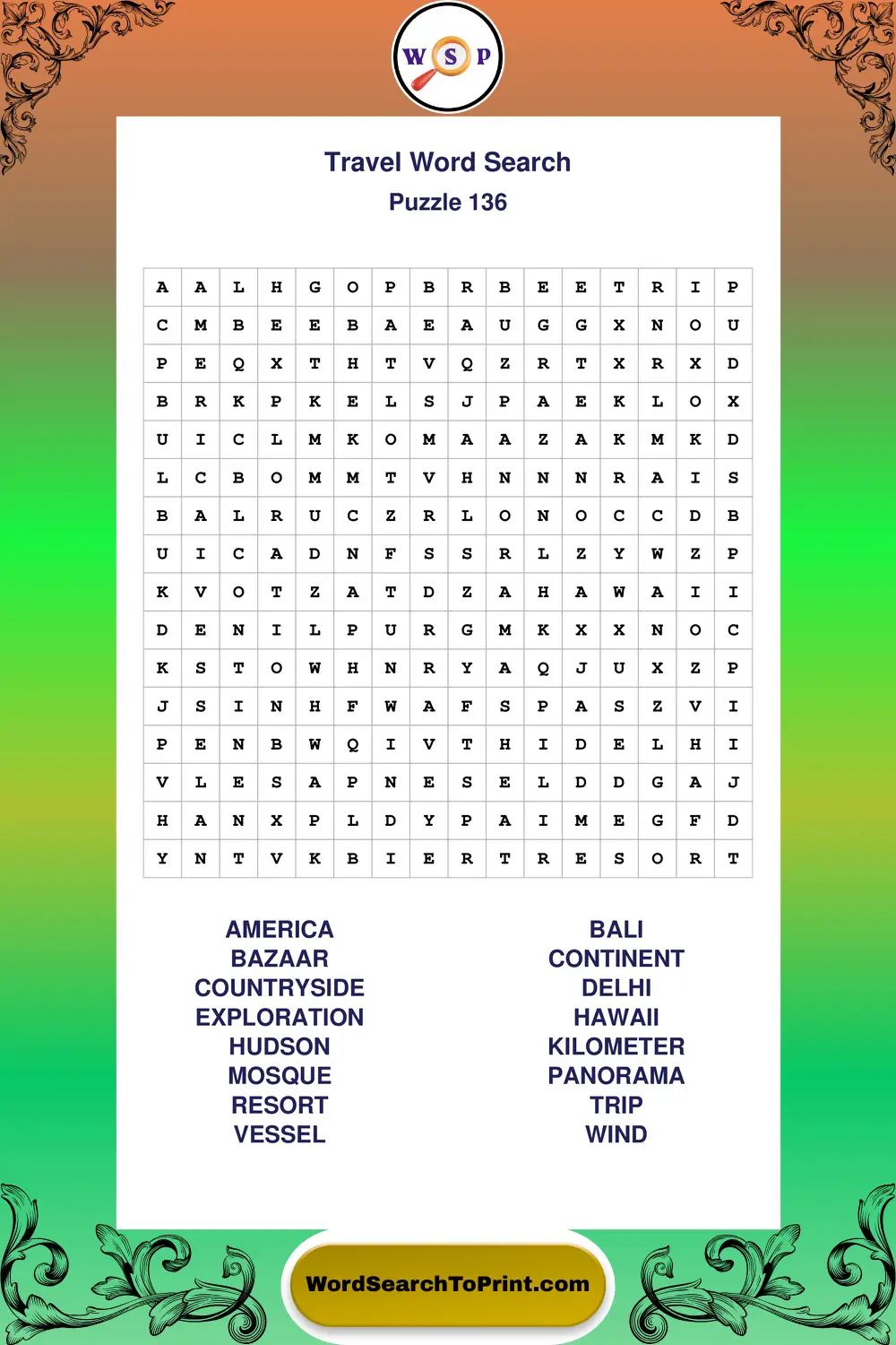 Travel Word Search Puzzle 136
