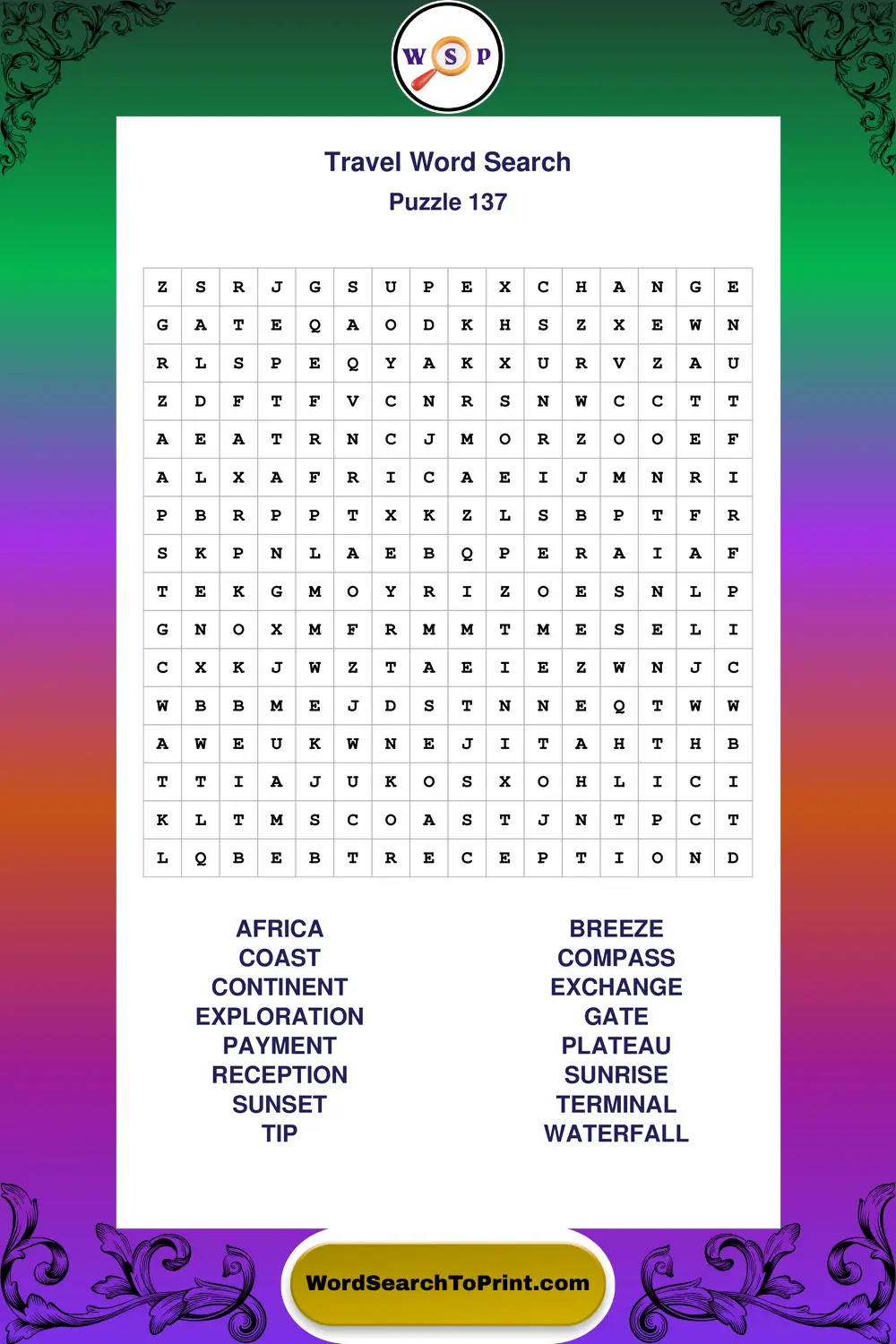 Travel Word Search Puzzle 137