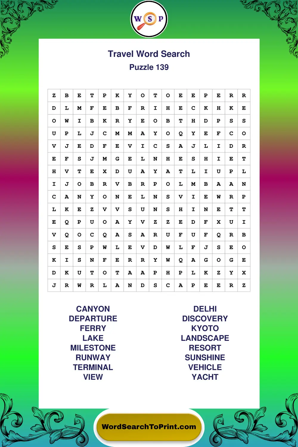Travel Word Search Puzzle 139