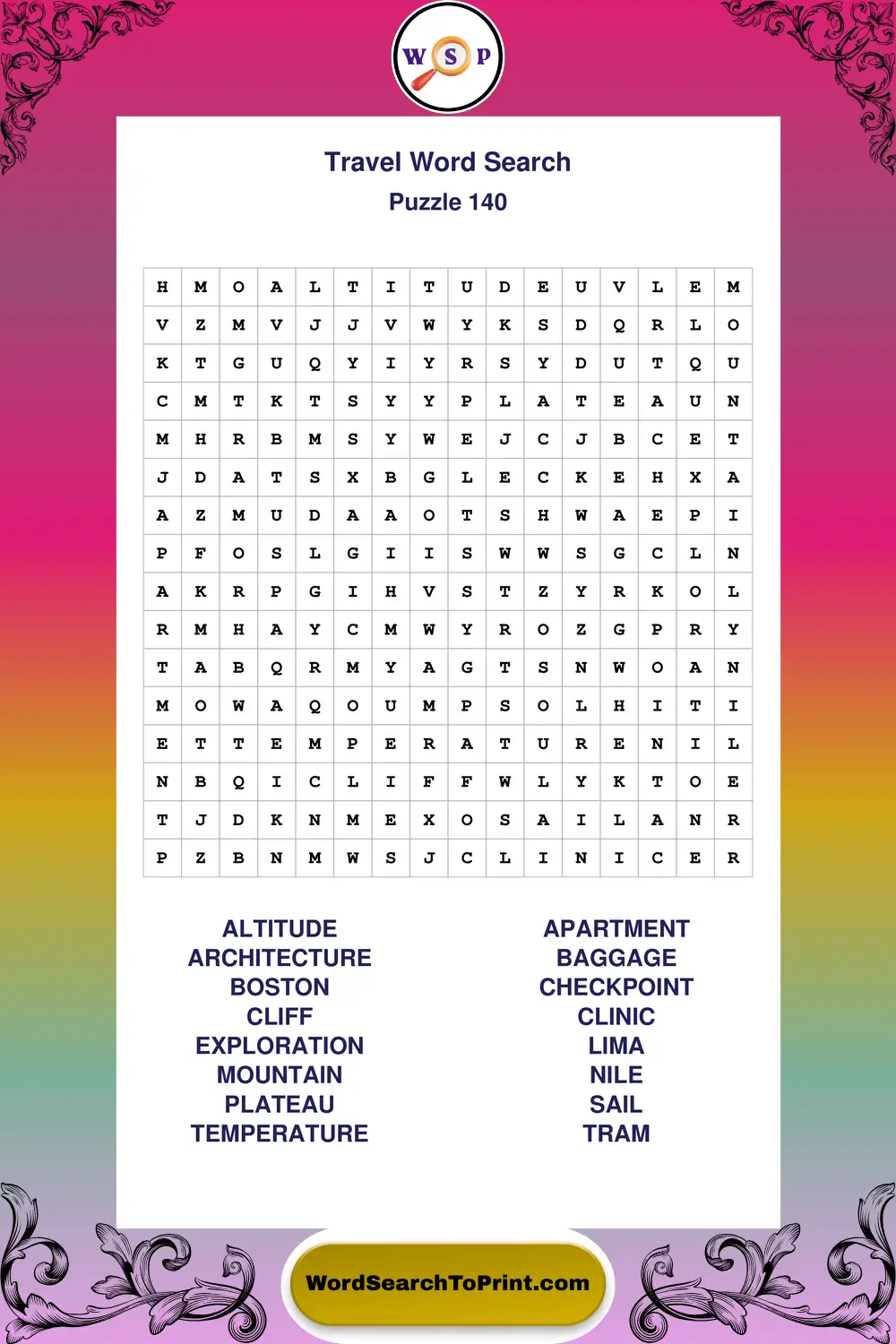 Travel Word Search Puzzle 140