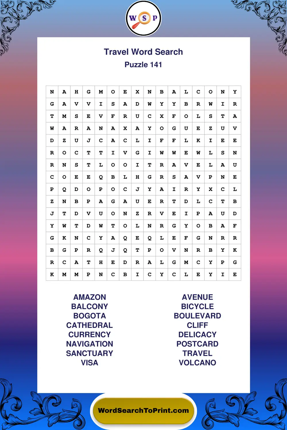 Travel Word Search Puzzle 141