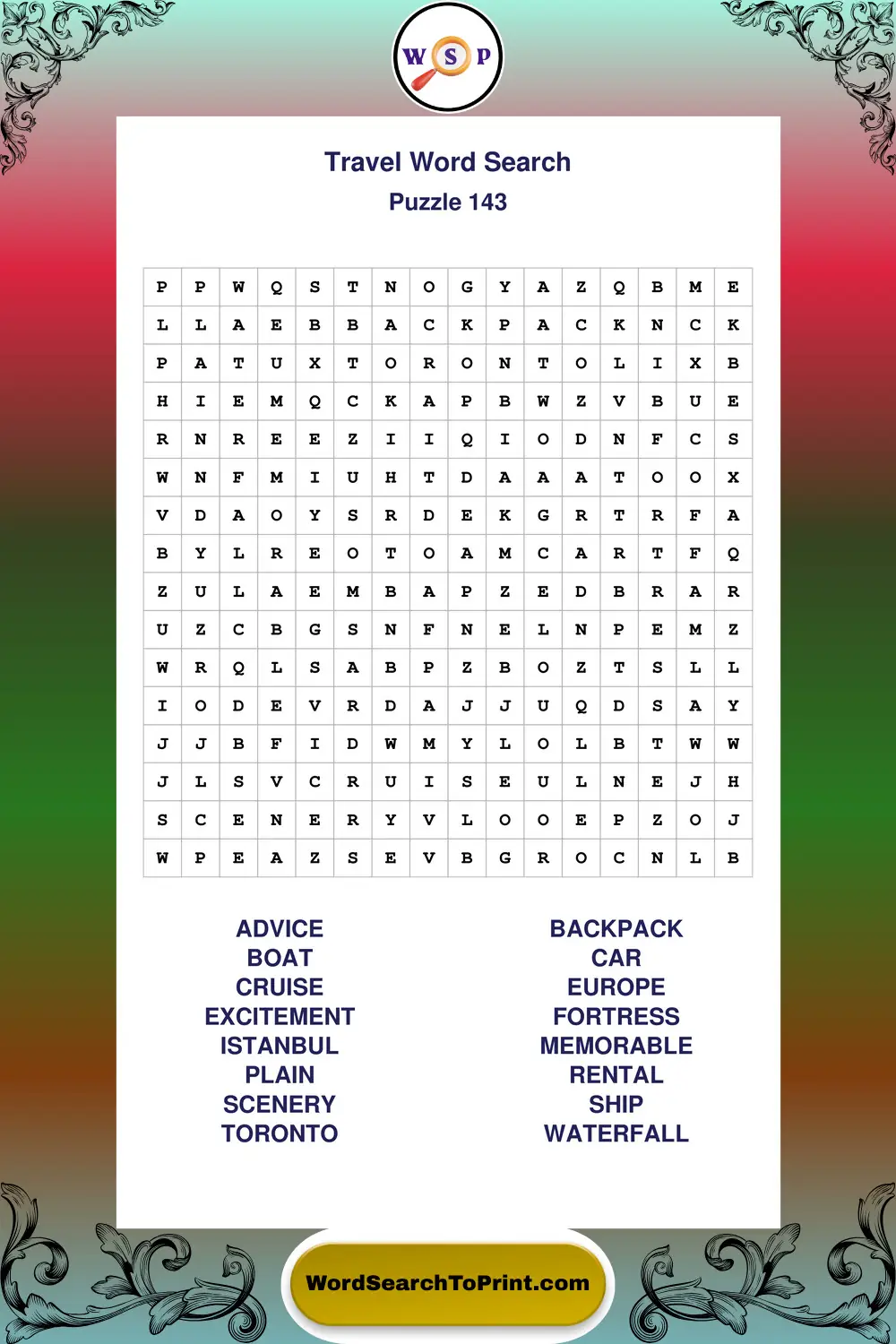 Travel Word Search Puzzle 143
