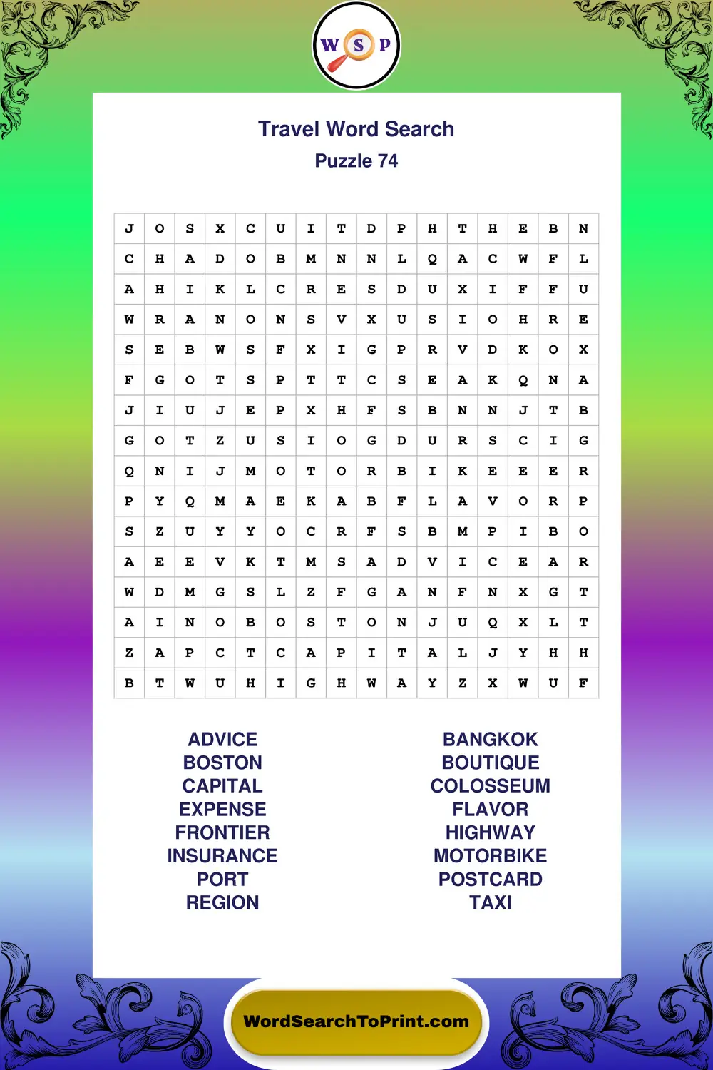 Travel Word Search Puzzle 74