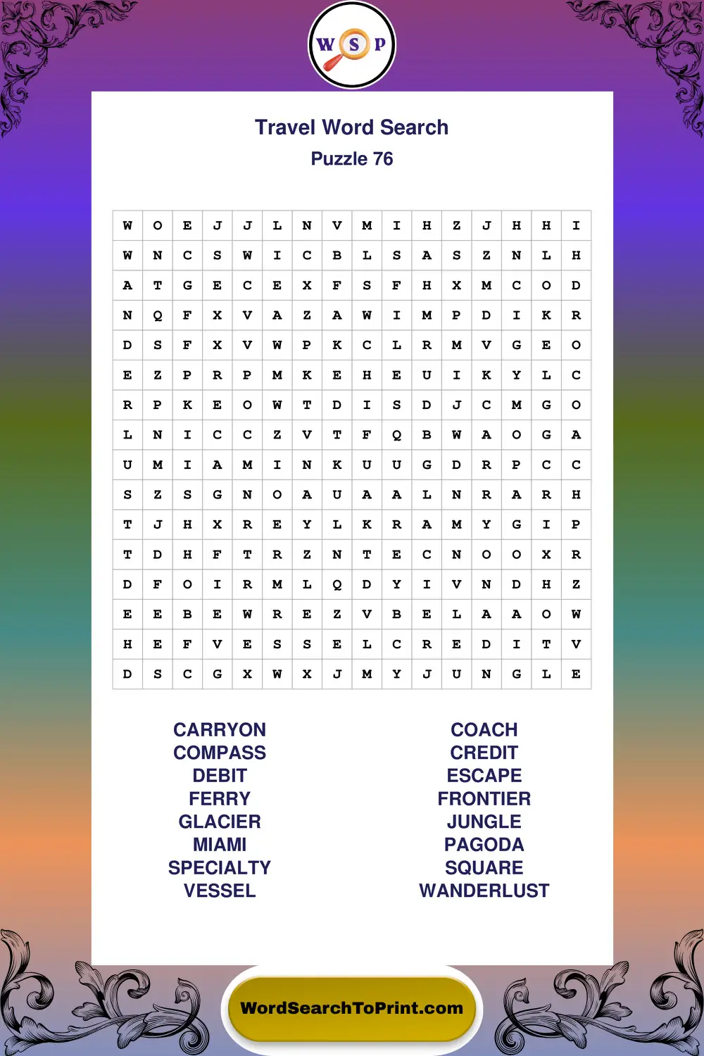 Travel Word Search Puzzle 76