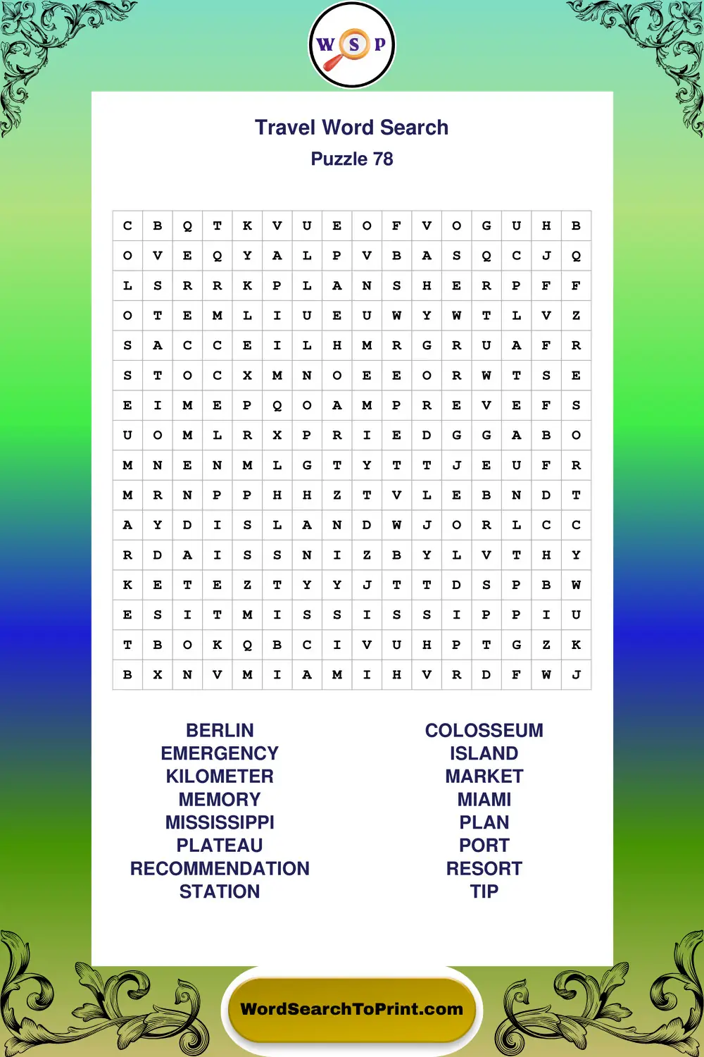 Travel Word Search Puzzle 78