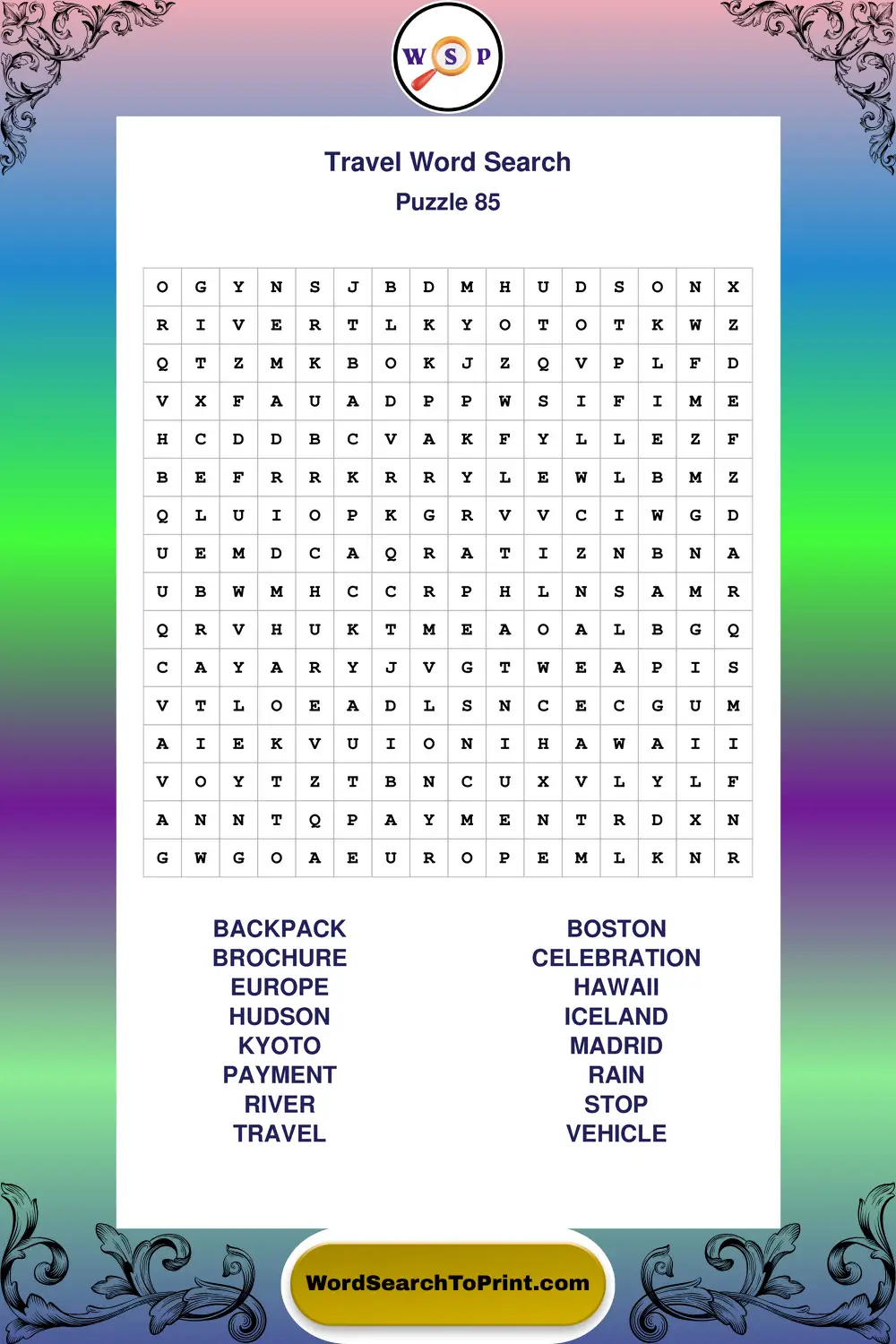 Travel Word Search Puzzle 85