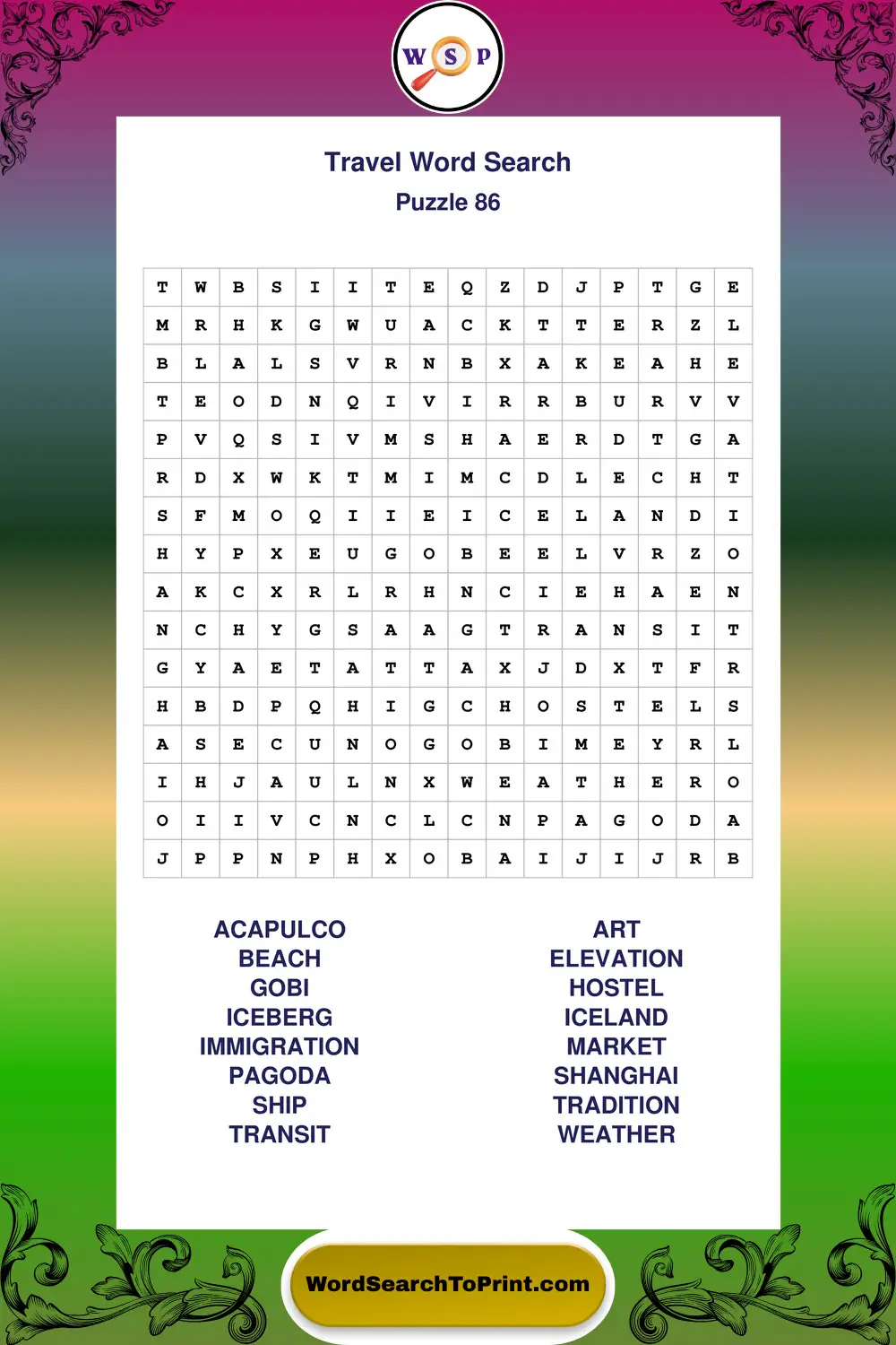Travel Word Search Puzzle 86