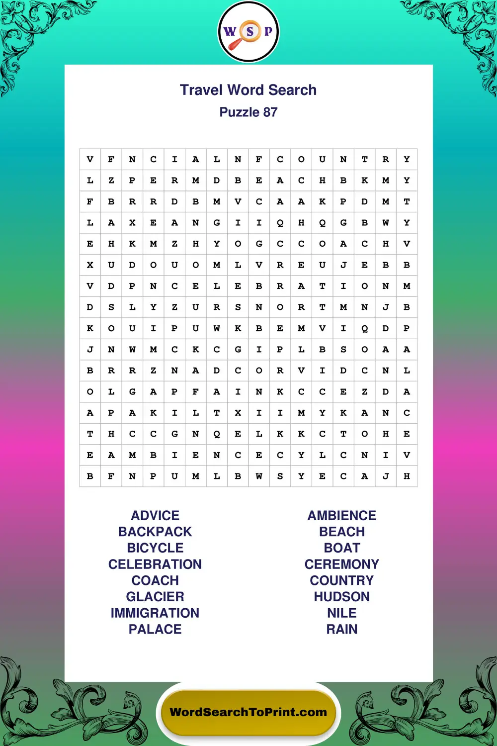 Travel Word Search Puzzle 87