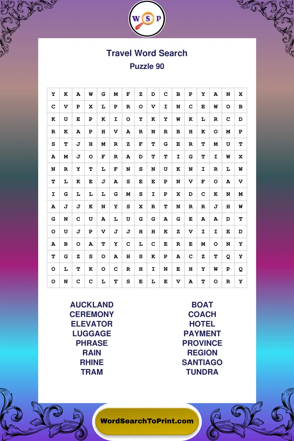 Travel Word Search Puzzle 90