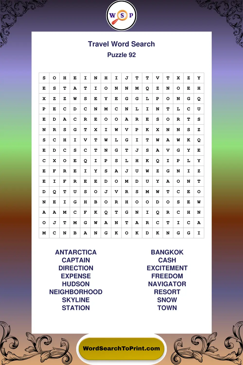 Travel Word Search Puzzle 92