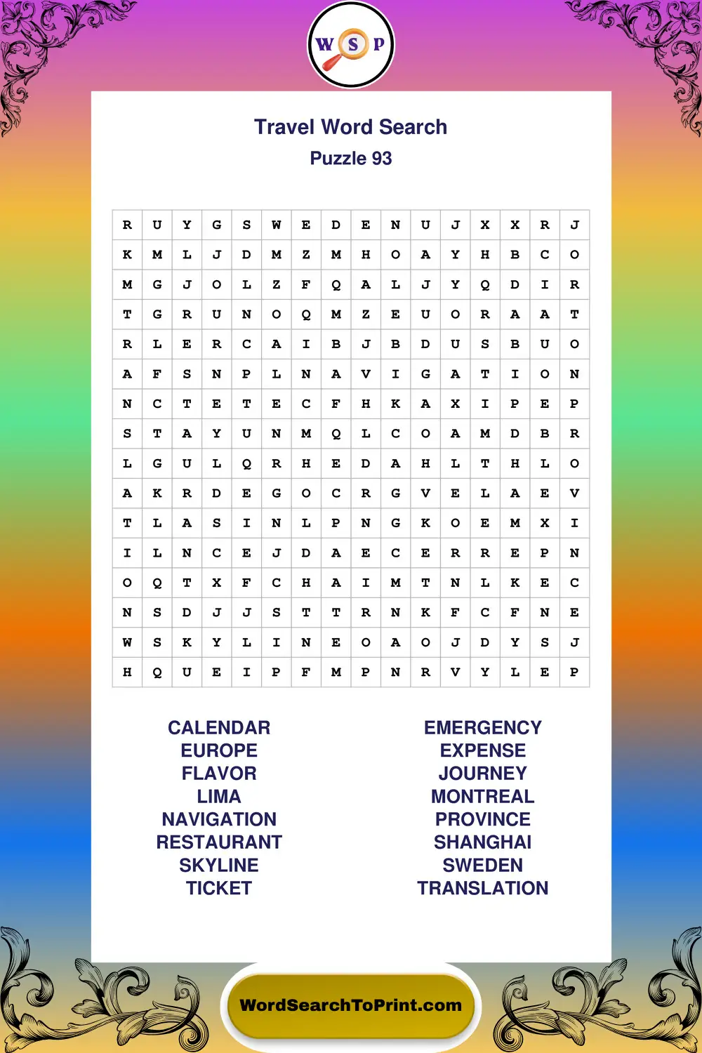 Travel Word Search Puzzle 93
