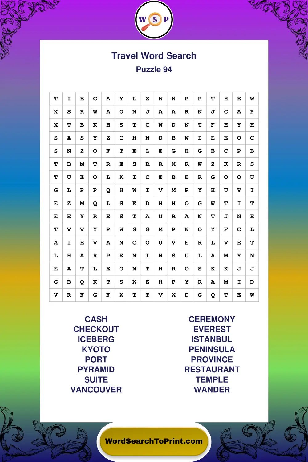 Travel Word Search Puzzle 94