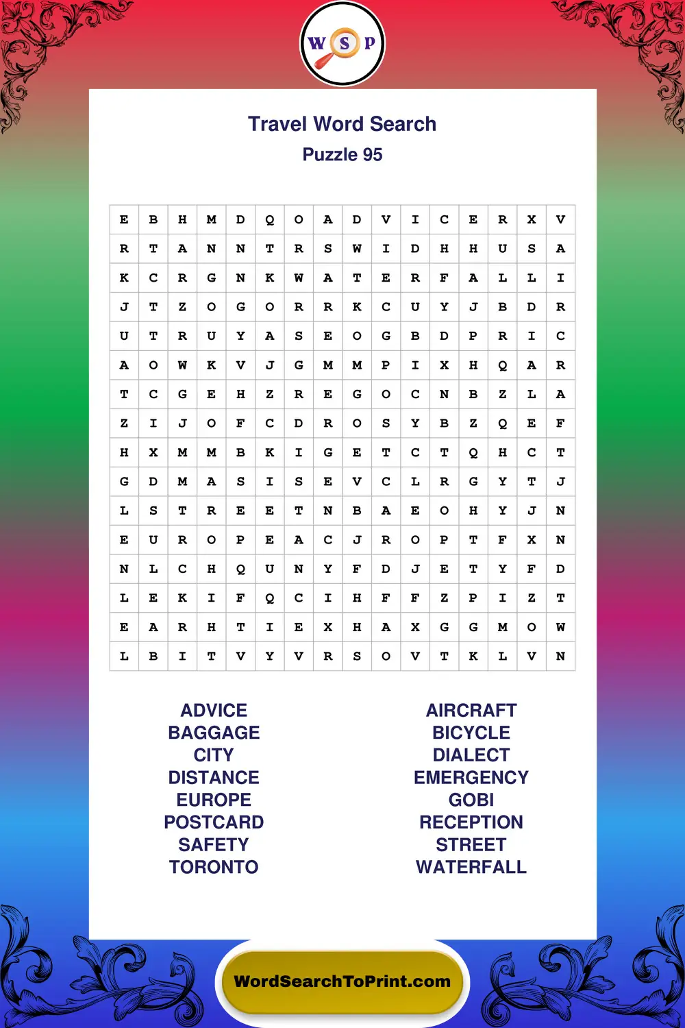 Travel Word Search Puzzle 95