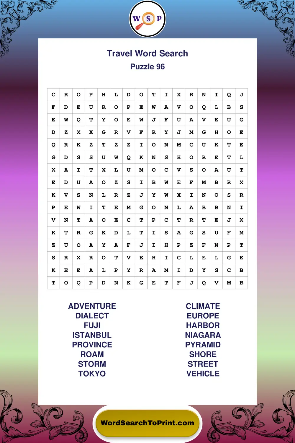 Travel Word Search Puzzle 96