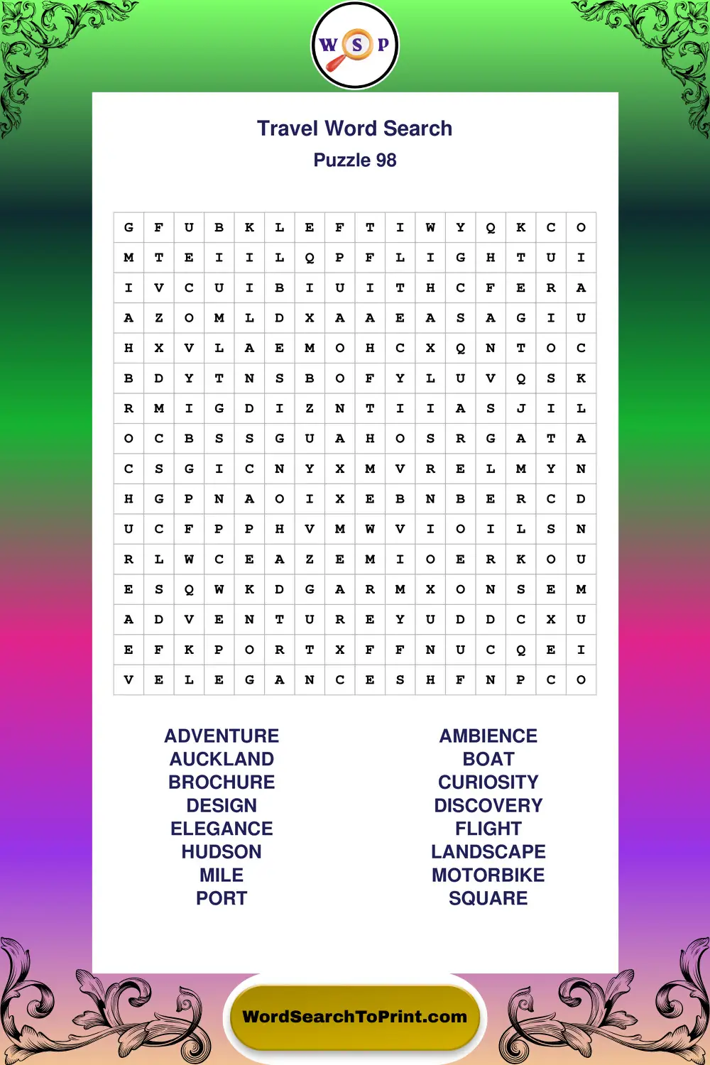 Travel Word Search Puzzle 98