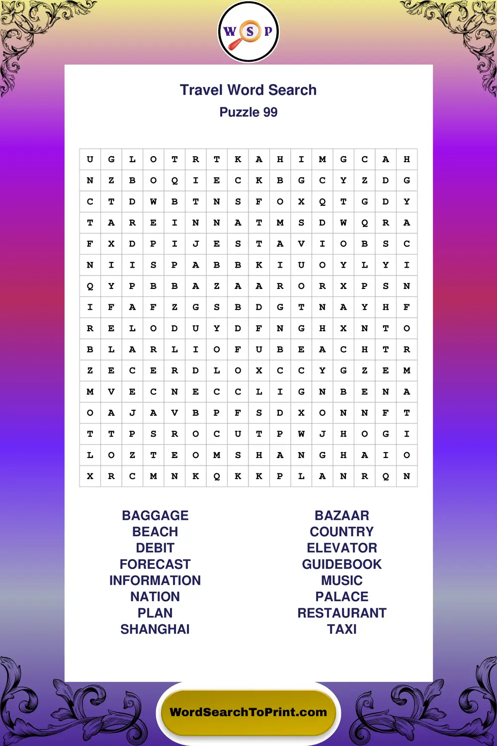 Travel Word Search Puzzle 99