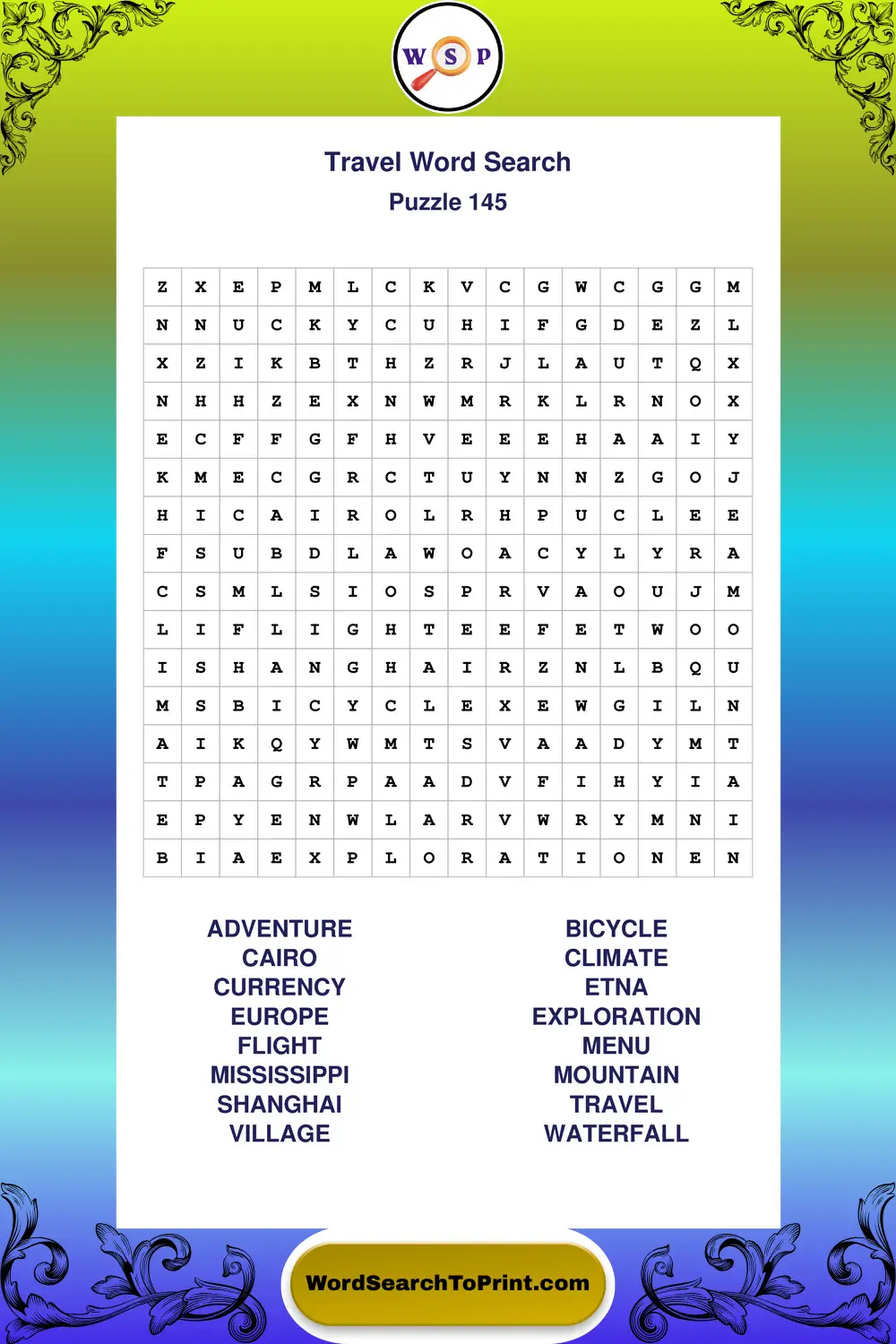 Travel Word Search Puzzle 145