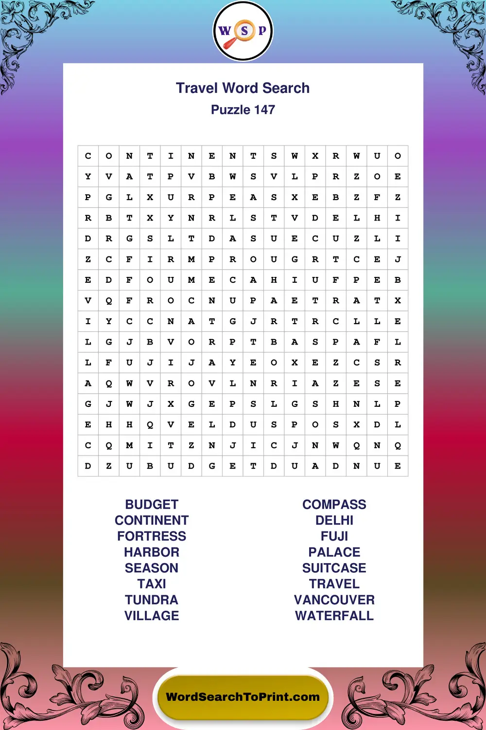 Travel Word Search Puzzle 147