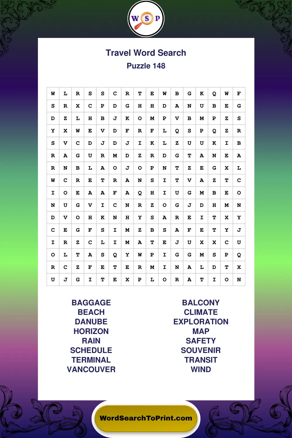Travel Word Search Puzzle 148