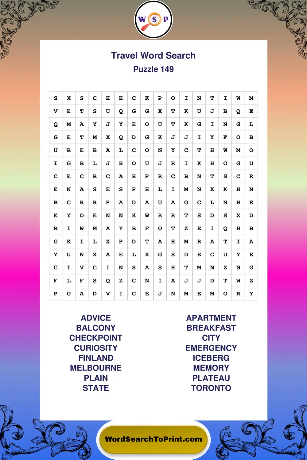 Travel Word Search Puzzle 149