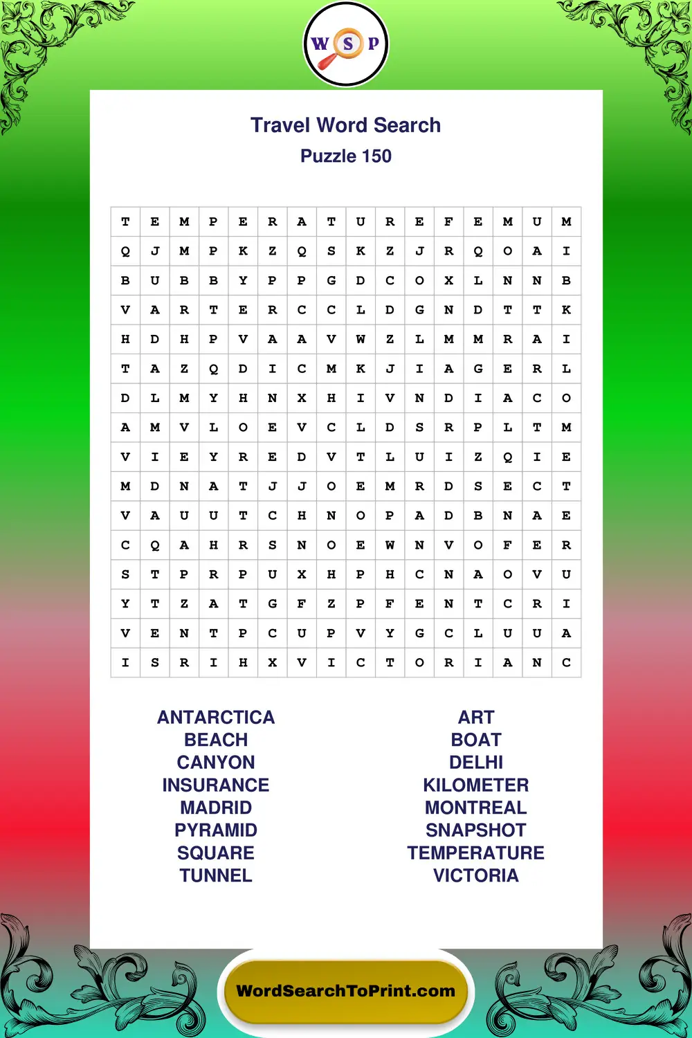 Travel Word Search Puzzle 150