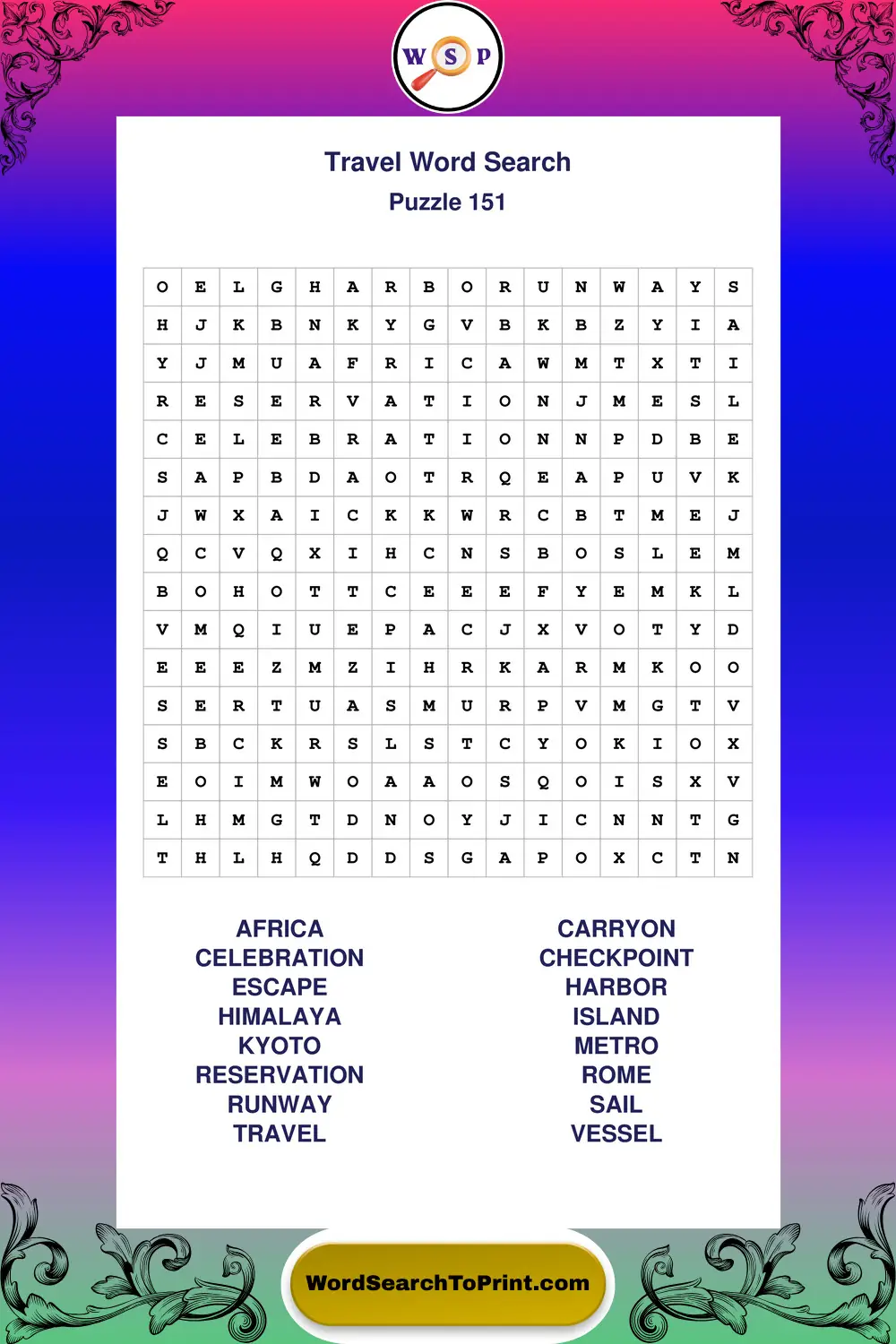 Travel Word Search Puzzle 151