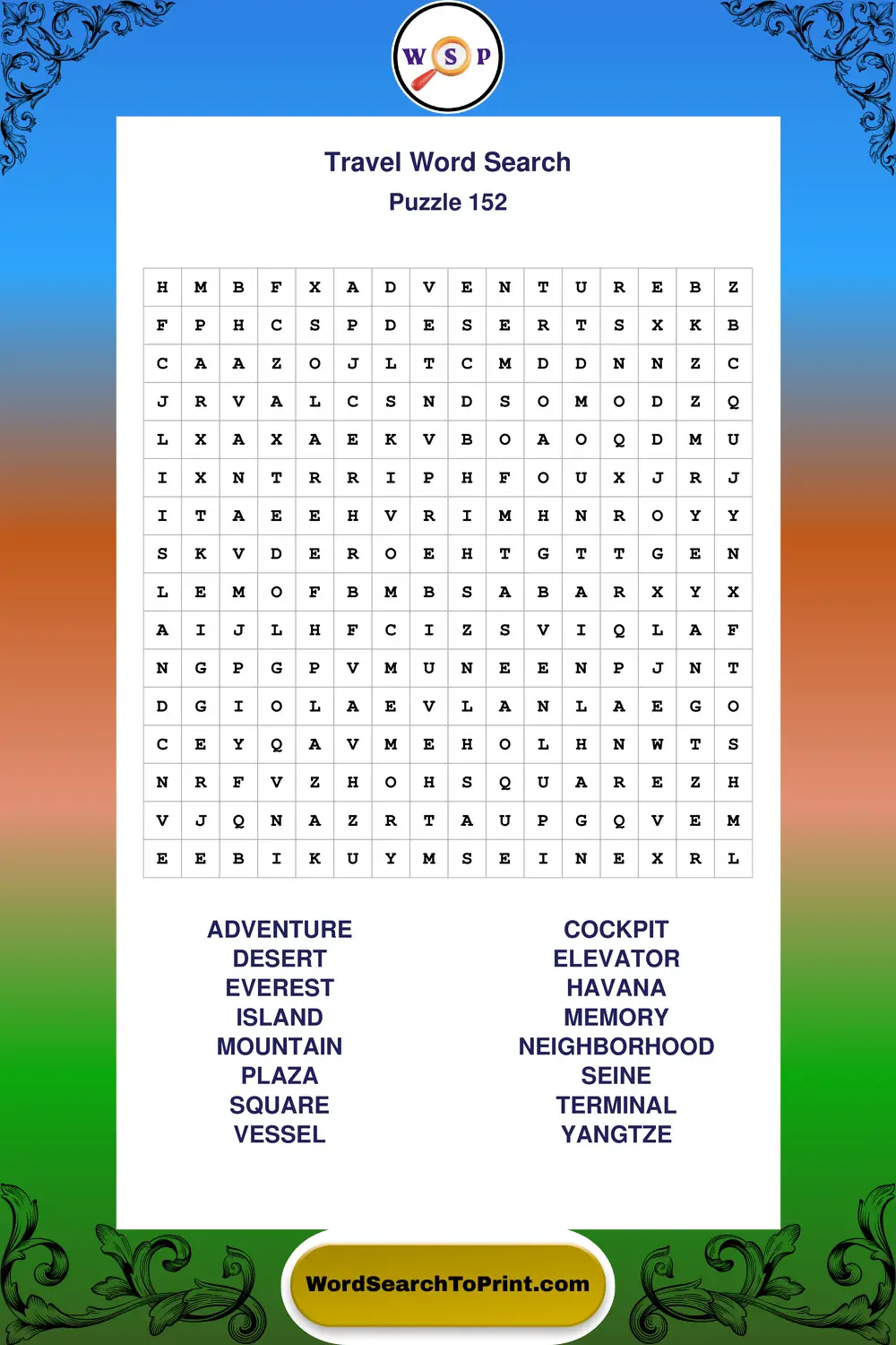 Travel Word Search Puzzle 152