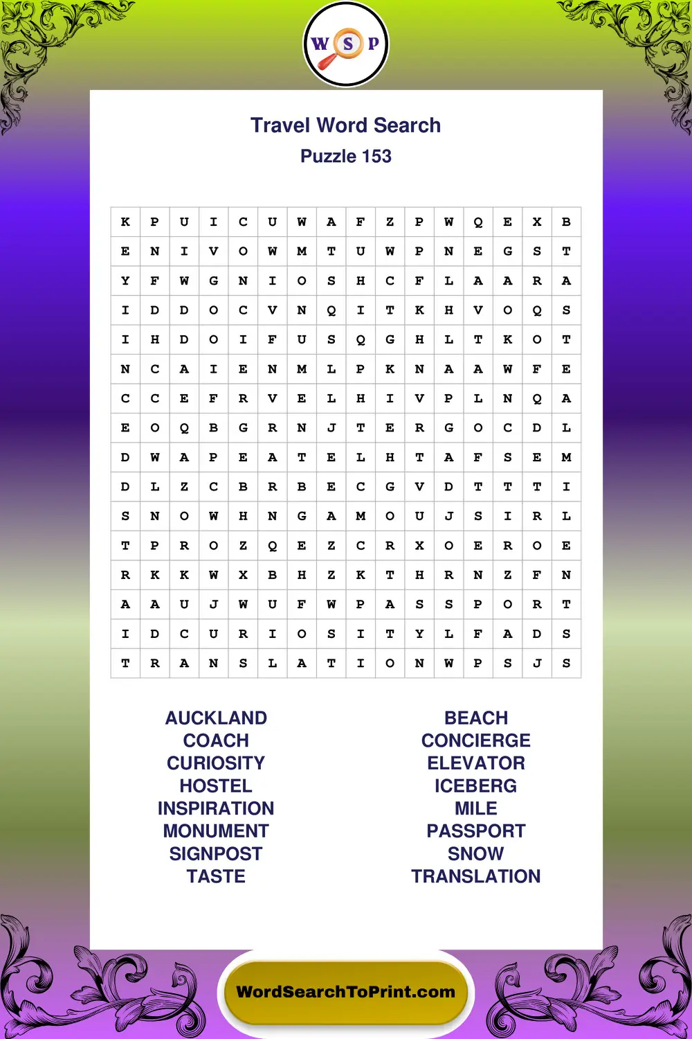 Travel Word Search Puzzle 153