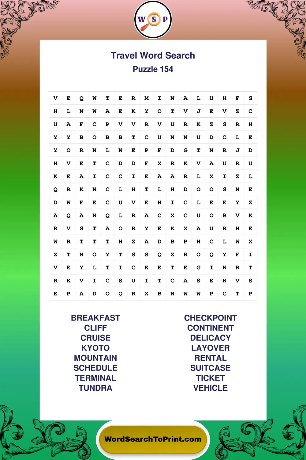 Travel Word Search Puzzle 154