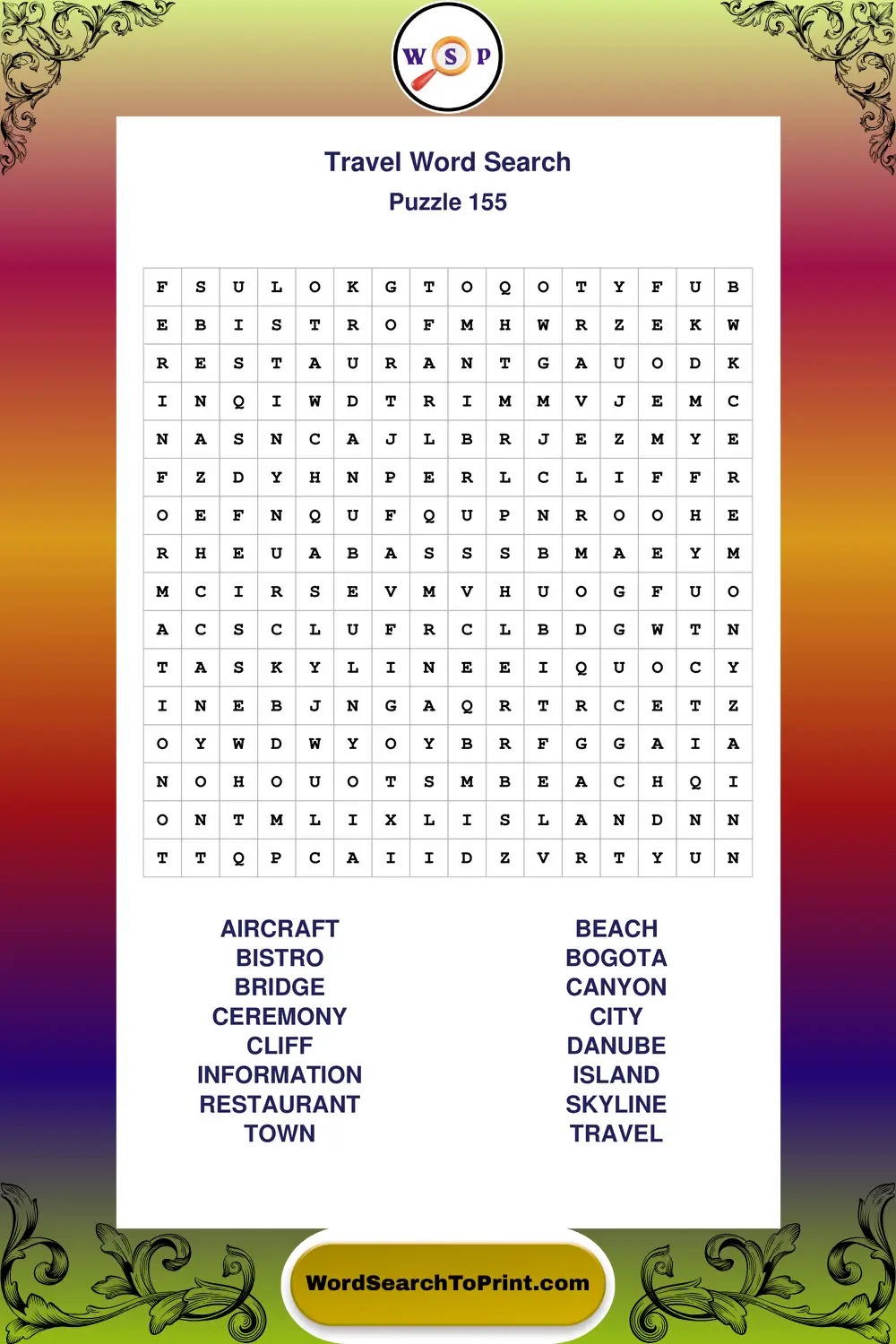Travel Word Search Puzzle 155