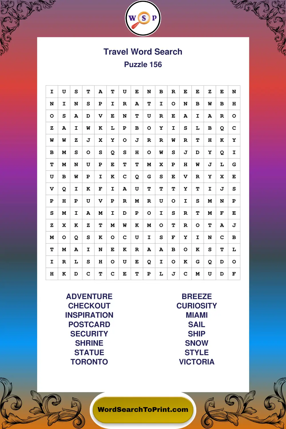 Travel Word Search Puzzle 156