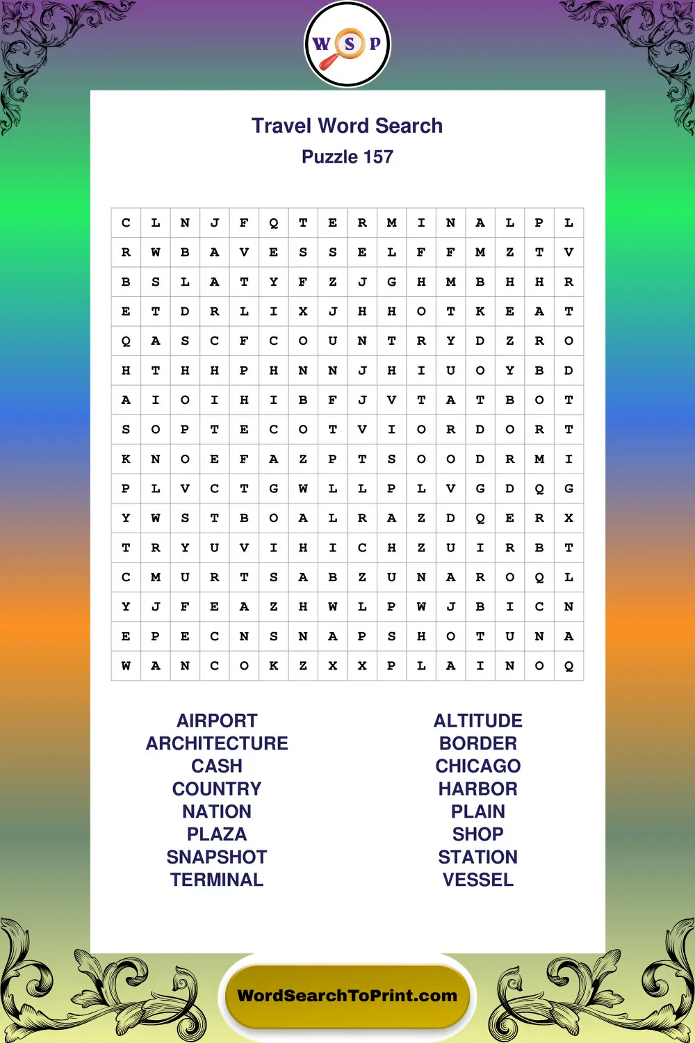 Travel Word Search Puzzle 157