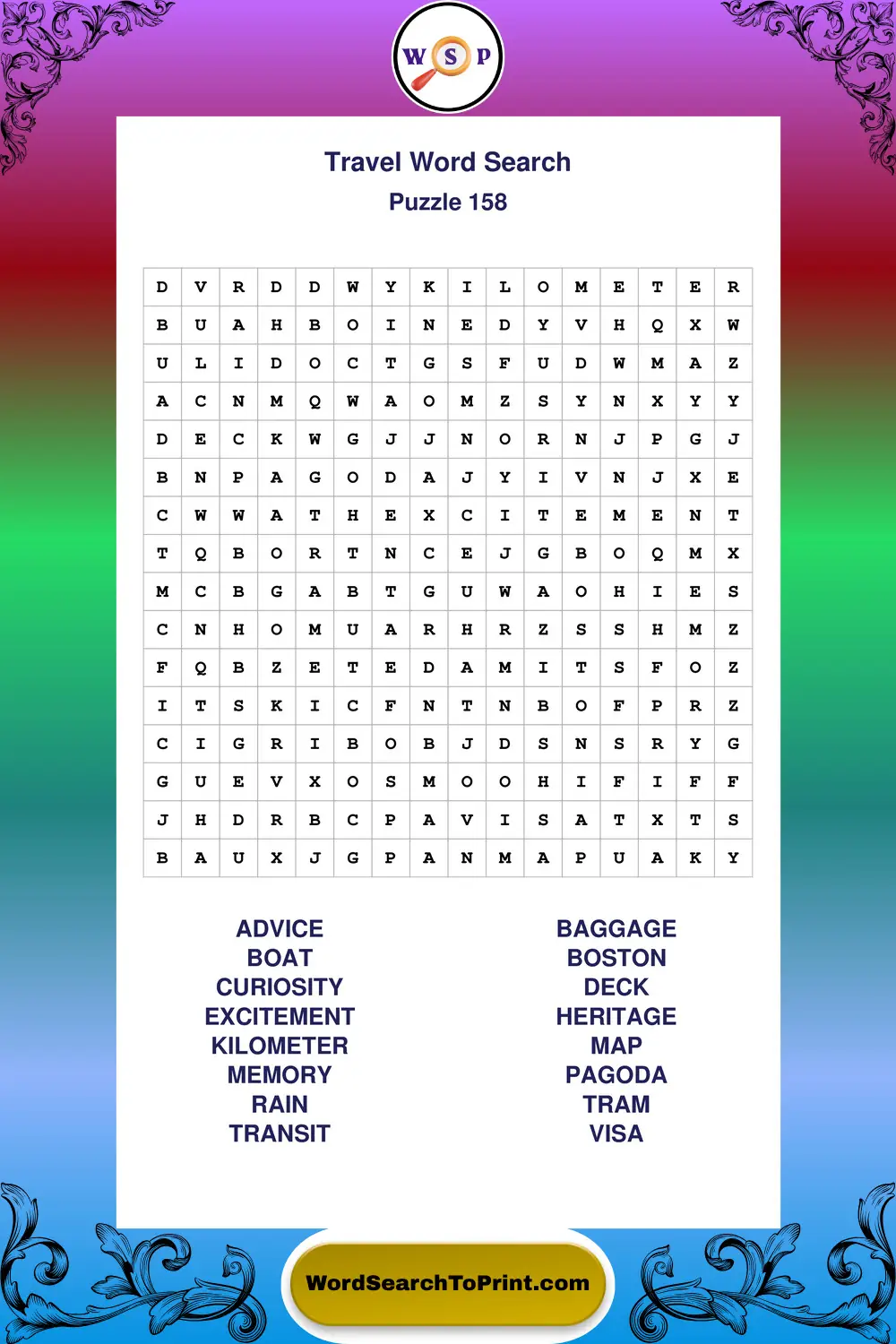Travel Word Search Puzzle 158