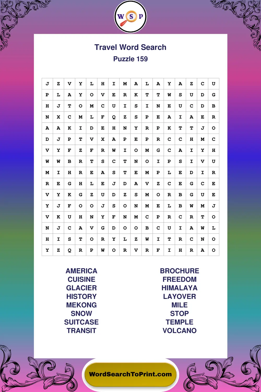 Travel Word Search Puzzle 159
