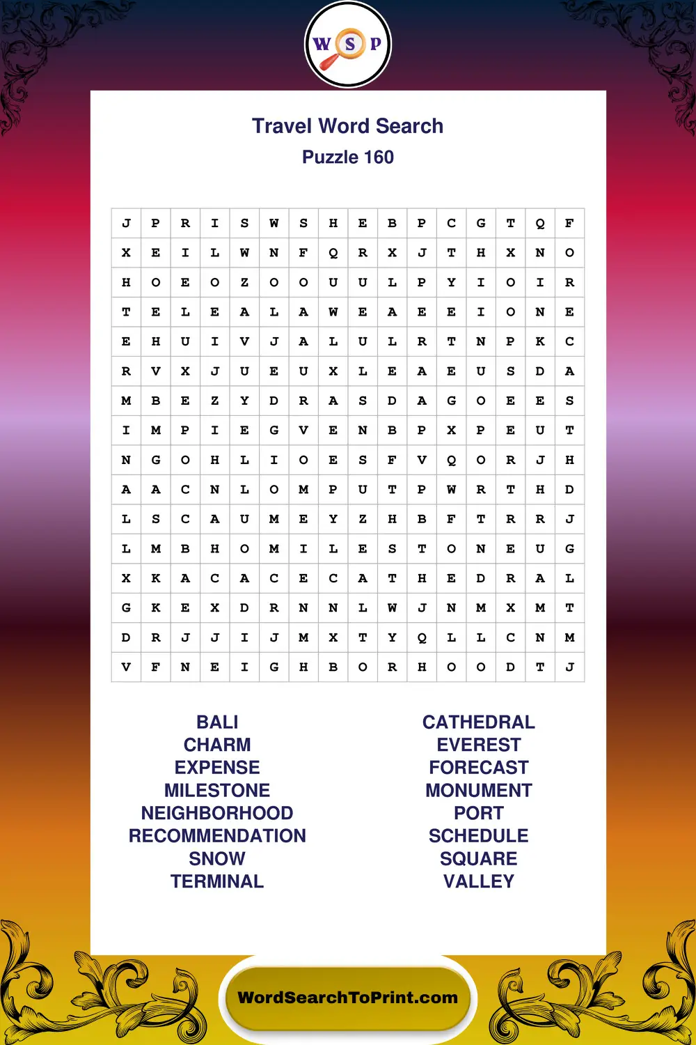 Travel Word Search Puzzle 160