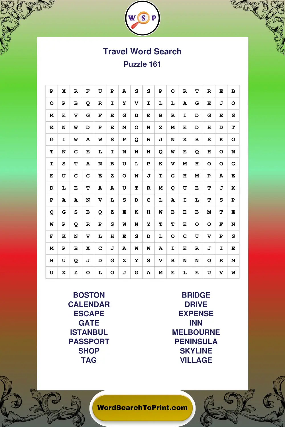 Travel Word Search Puzzle 161