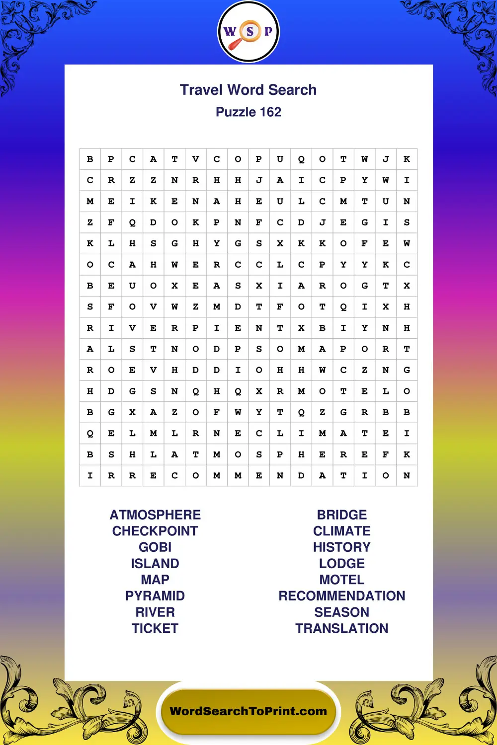 Travel Word Search Puzzle 162