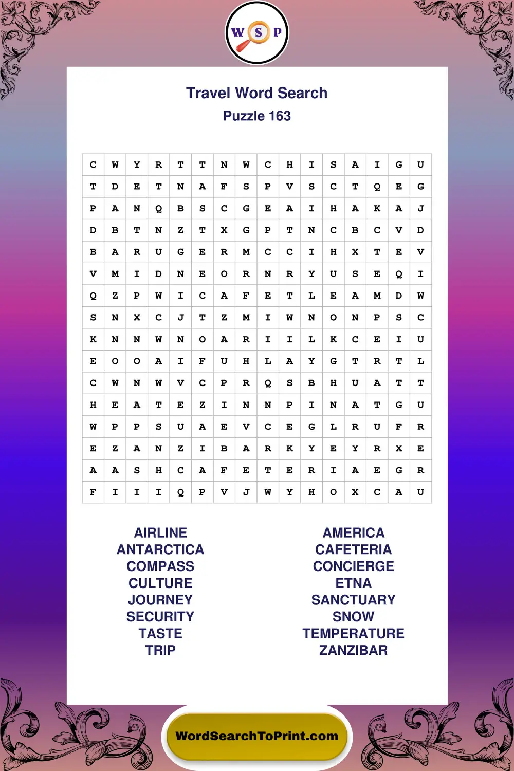 Travel Word Search Puzzle 163