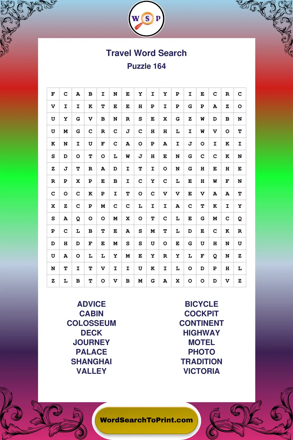 Travel Word Search Puzzle 164