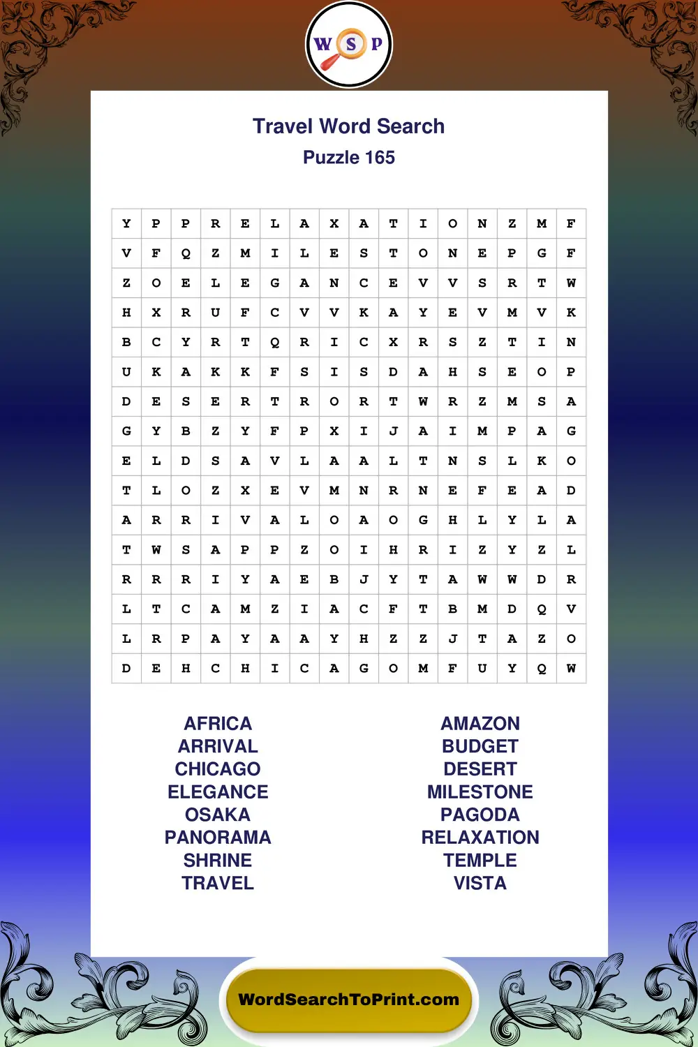 Travel Word Search Puzzle 165