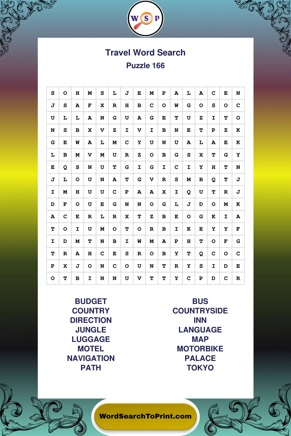 Travel Word Search Puzzle 166