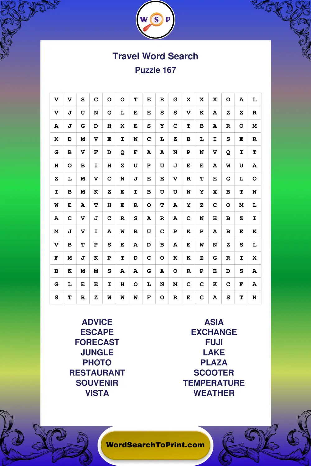 Travel Word Search Puzzle 167