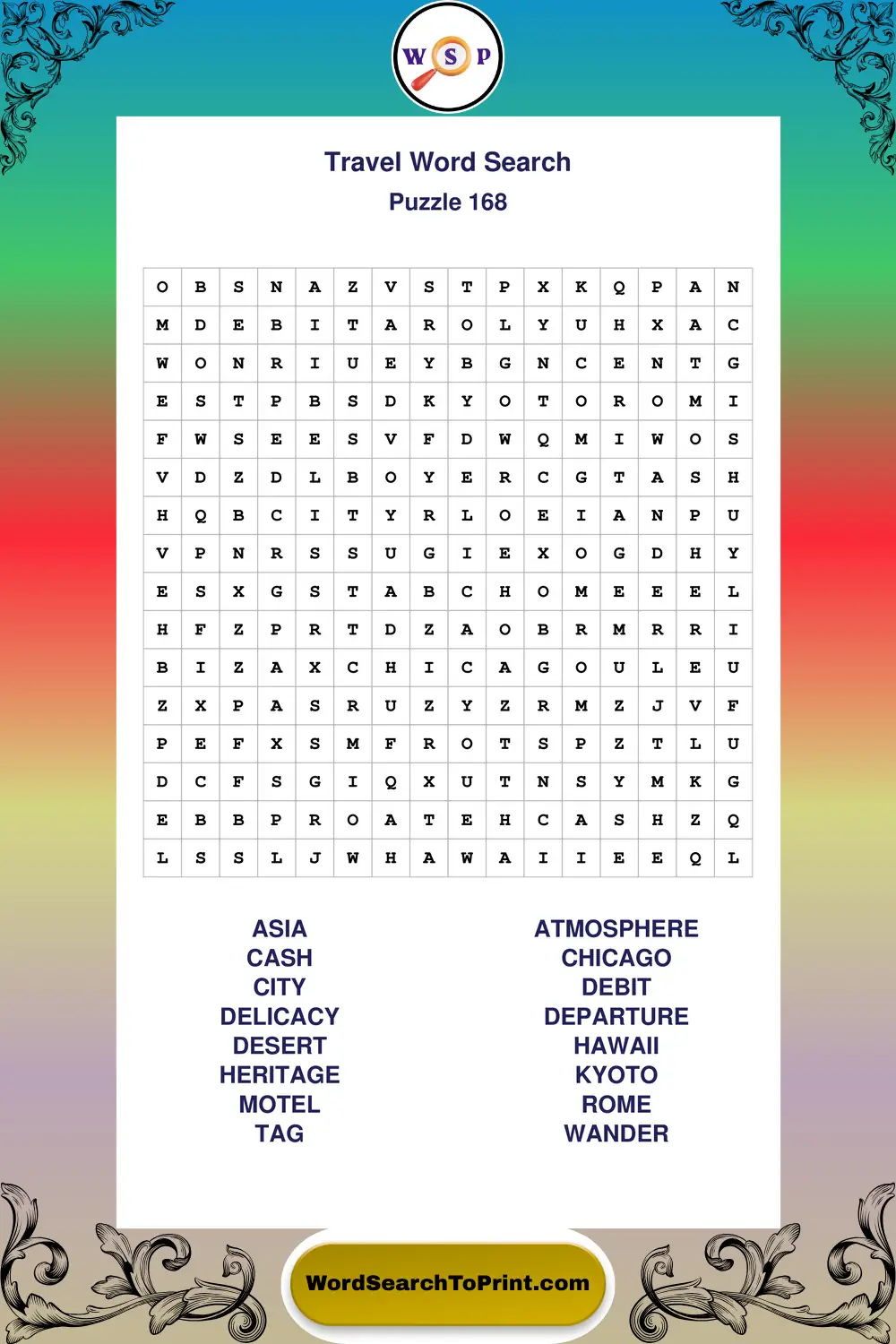Travel Word Search Puzzle 168