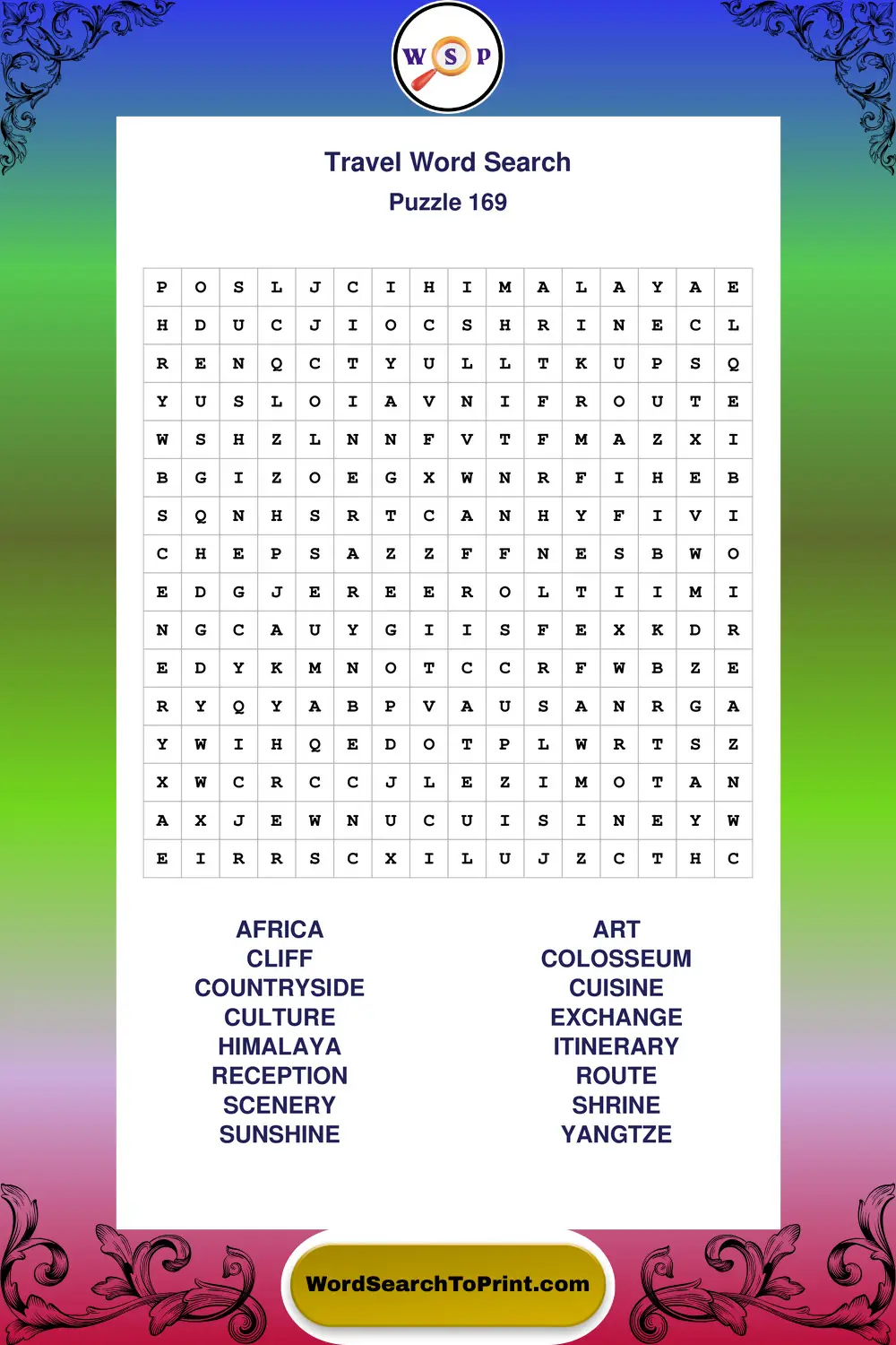 Travel Word Search Puzzle 169
