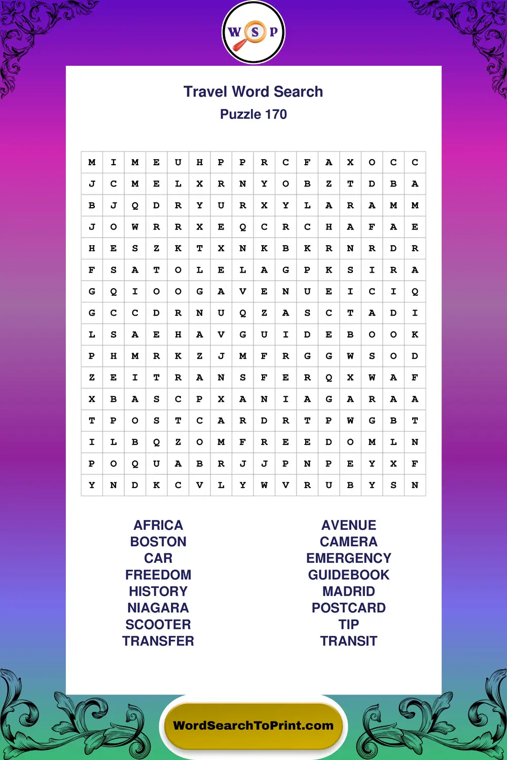 Travel Word Search Puzzle 170