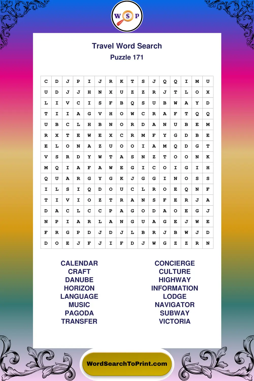 Travel Word Search Puzzle 171
