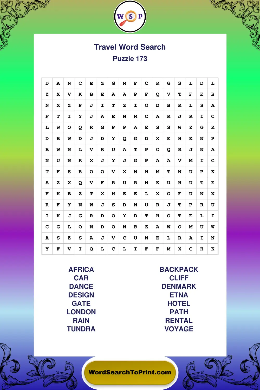 Travel Word Search Puzzle 173